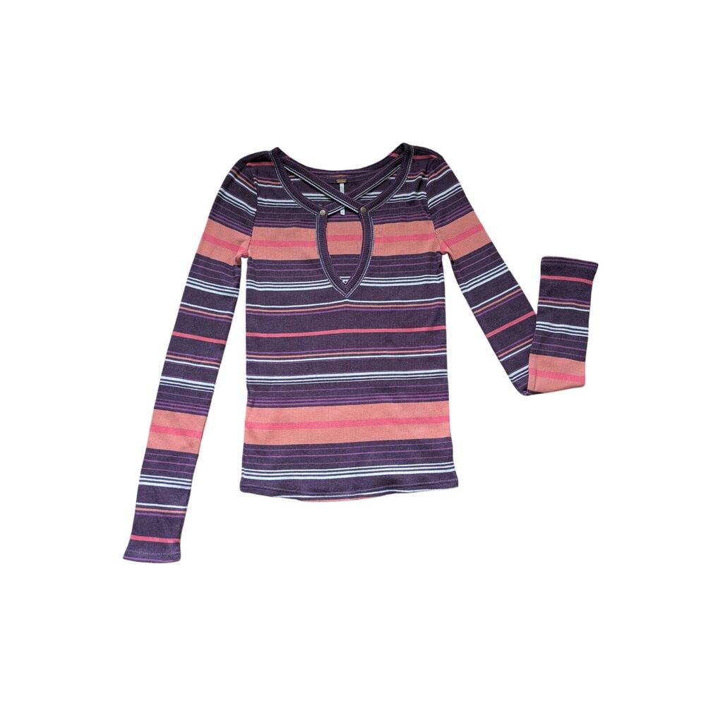 Free People Waffle Knit Thermal Top Womens S Striped Purple Cotton Preppy